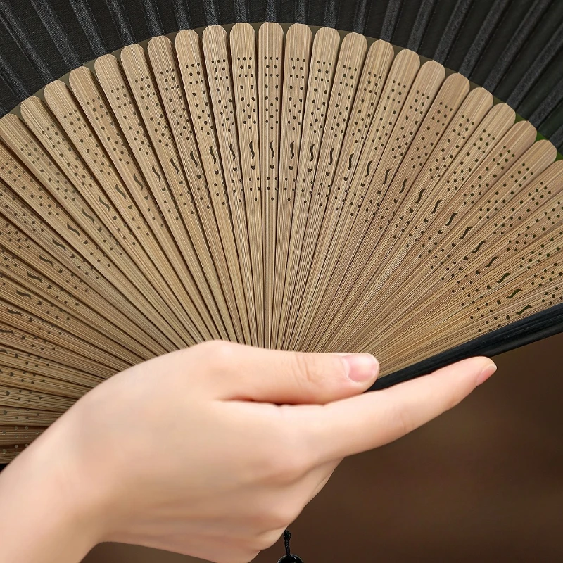 Folding fan compact and portable for summer  black solid color, Chinese style dance fan - Image 3