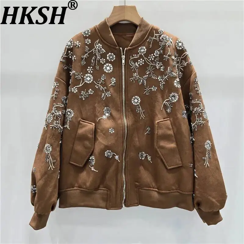 

HKSH Autumn Winter New Women Coat Faux Suede Beaded Embroidery Flower Stand Collar Zipper Pockets Streetwear Tide Jacket HK13287