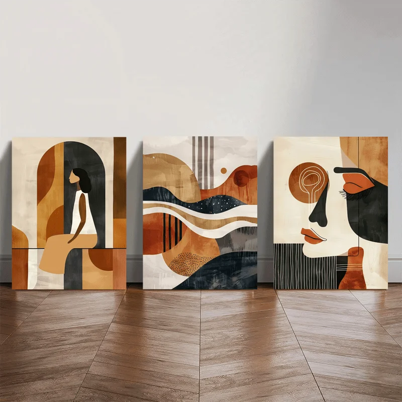 2D Flat 3pcss Wooden Frame Canvas Painting, Abstract Human Portrait Framed Wall Art, Abstract Modern Set of 3 Wall Decor, Min