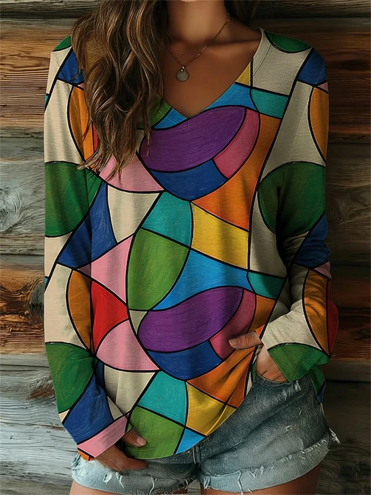 Women's Autumn Long-Sleeve T-Shirt V-Neck Loose Fit Patchwork Style with Irregular Geometric Print Trendy Street-Style Top