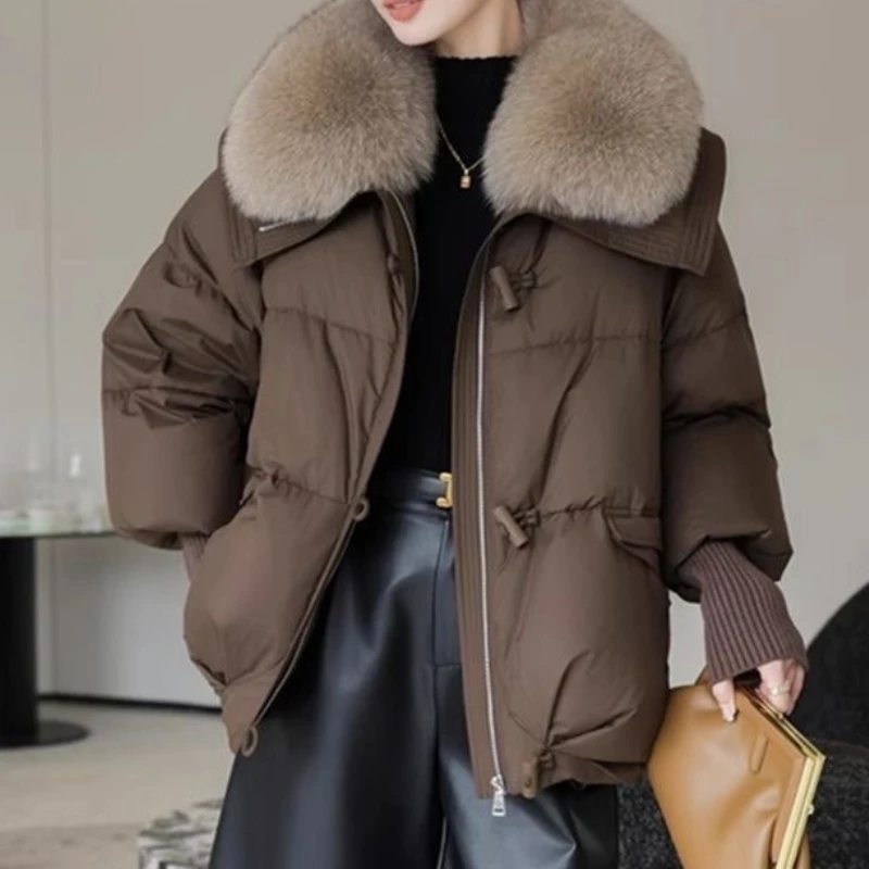 

Женская зимняя парка, пальто 2025 года, повседневная корейская версия, женская верхняя одежда, темпераментная утепленная женская пуховая хлопковая куртка с большим меховым воротником