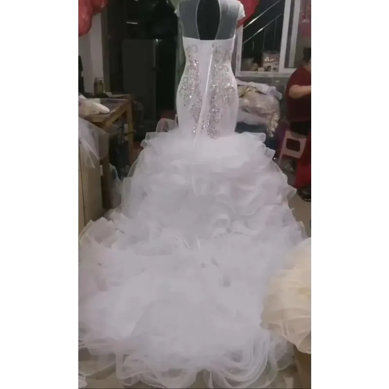 맞춤 플러스 사이즈 아프리카 비즈 머메이드 웨딩드레스 고급 비즈 크리스탈 웨딩드레스 하이넥 머메이드 신부 드레스