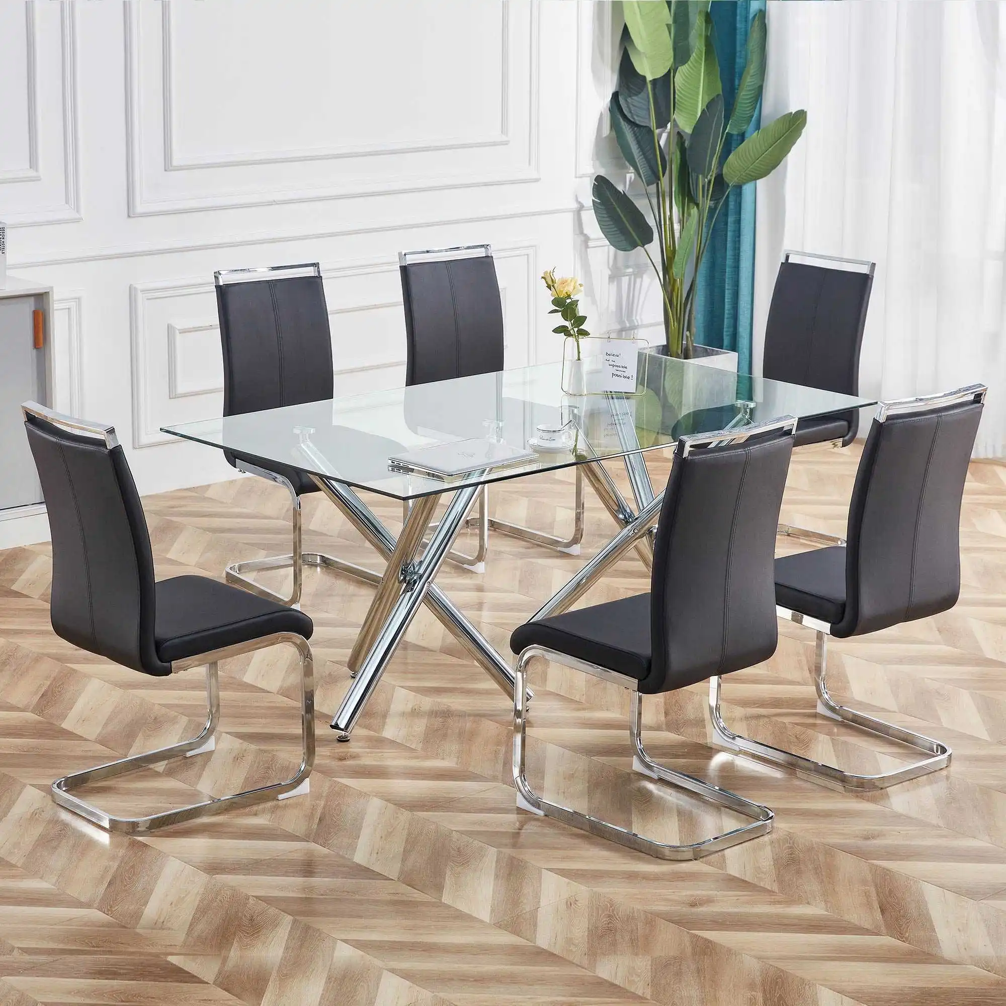 Modern Dining Chairs, Cantilever Chair Chrome-plated Metal Frame Softly Padded with Imitation Leather Cover Set of 4