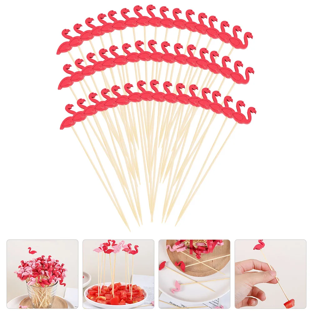 

100pcs Fruit Picks Bamboo Multi-Functional Food Sticks Decorative Cocktail Picks Party Supplies Flamingo Design Disposable Snack