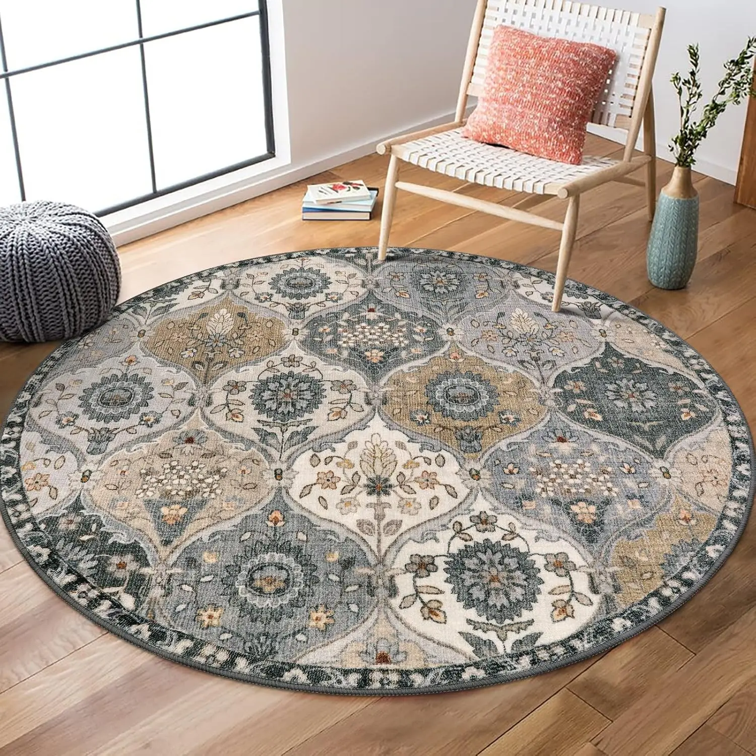 Boho Round Area Rug Polyester Washable Vintage Floral Medallion Design Blue Gray Beige Bohemian Living Room Decor Accent Carpet