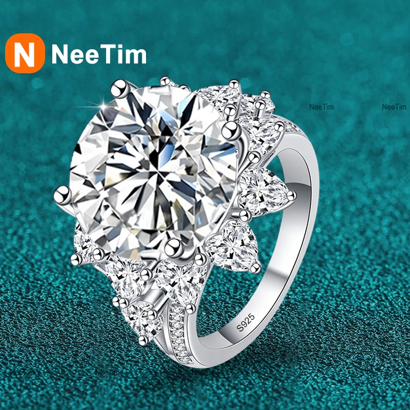NeeTim 10ct 14mm Moissanite Ring 925 Sterling Silver with White Gold Plated Wedding Eternity Engagement Rings for Women Jewelry