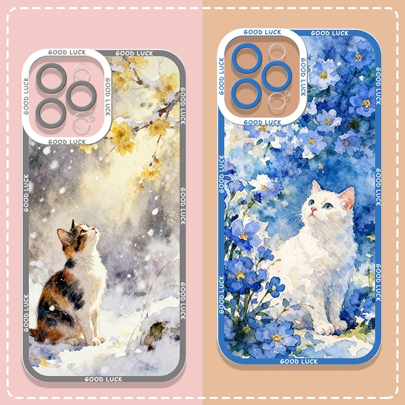 Stylish Flower Cartoon Cat Print Phone Case for Samsung Galaxy A55 A54 A53 A52 A73 A16 A36 A14 A13 A51 5G Transparent Soft Cover