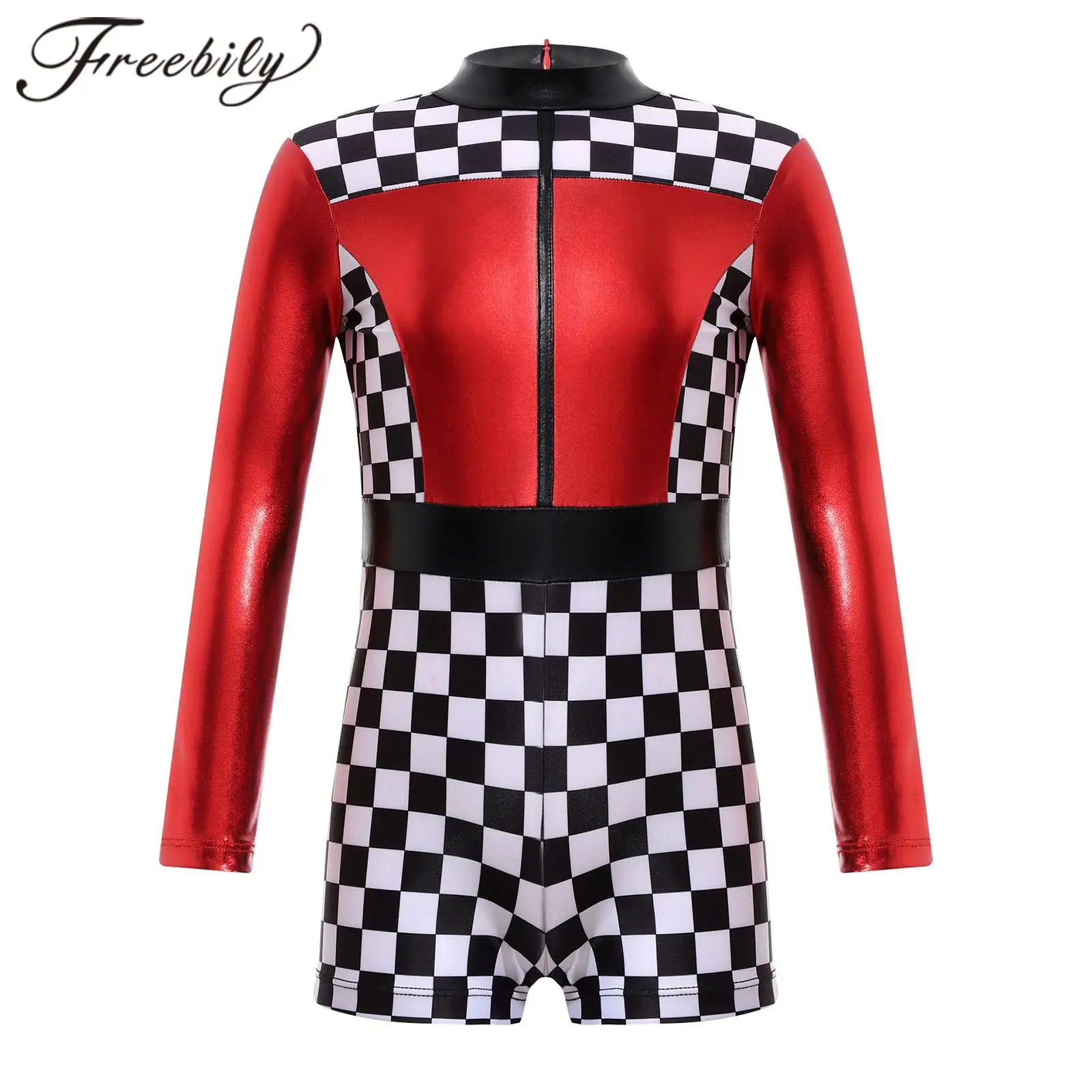 

Kids Girls Checkerboard Print Long Sleeve Zipper Short Jumpsuit Dance Leoatrd Childs Role Play Race Car Racer Halloween Costume