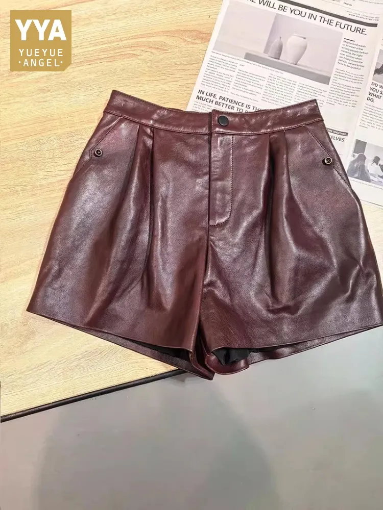 

Genuine Leather Shorts Women Elasitc High Waist Vintage Solid Wide Leg Mini Trousers Loose Fit Autumn New Female Casual Shorts