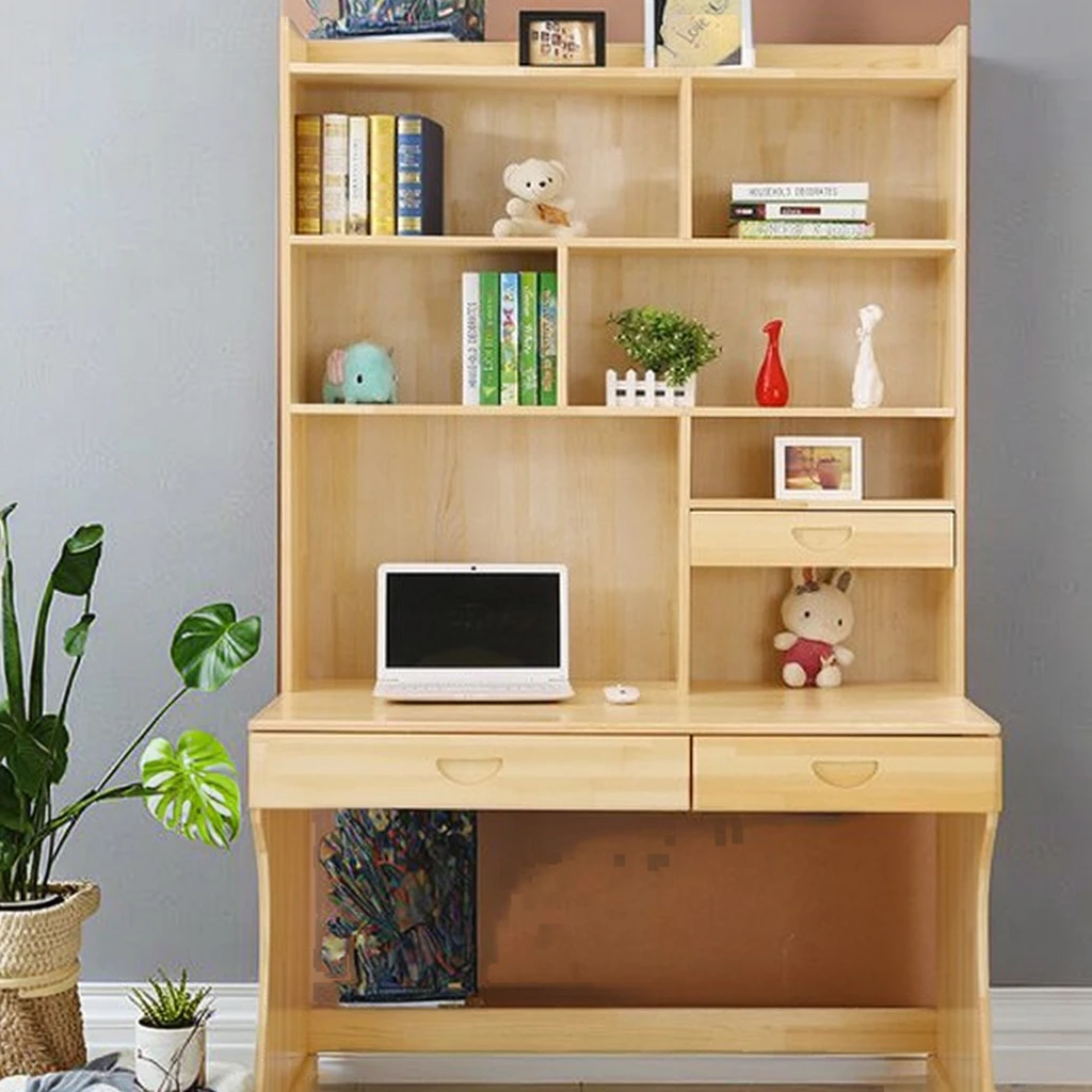 مكتب وكرسي كمبيوتر بسيط من الخشب الصلب مع رف كتب مكتبي، تصميم حديث لتعلم وكتابة الأطفال