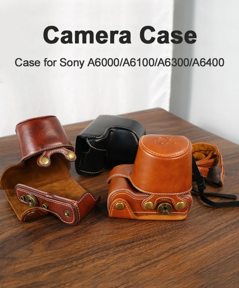 Retro-Ledertasche Kameratasche für Sony A6000 A6100 A6300 A6400, schützende halbe Basisabdeckung, Taschenschrauben mit Schultergurt