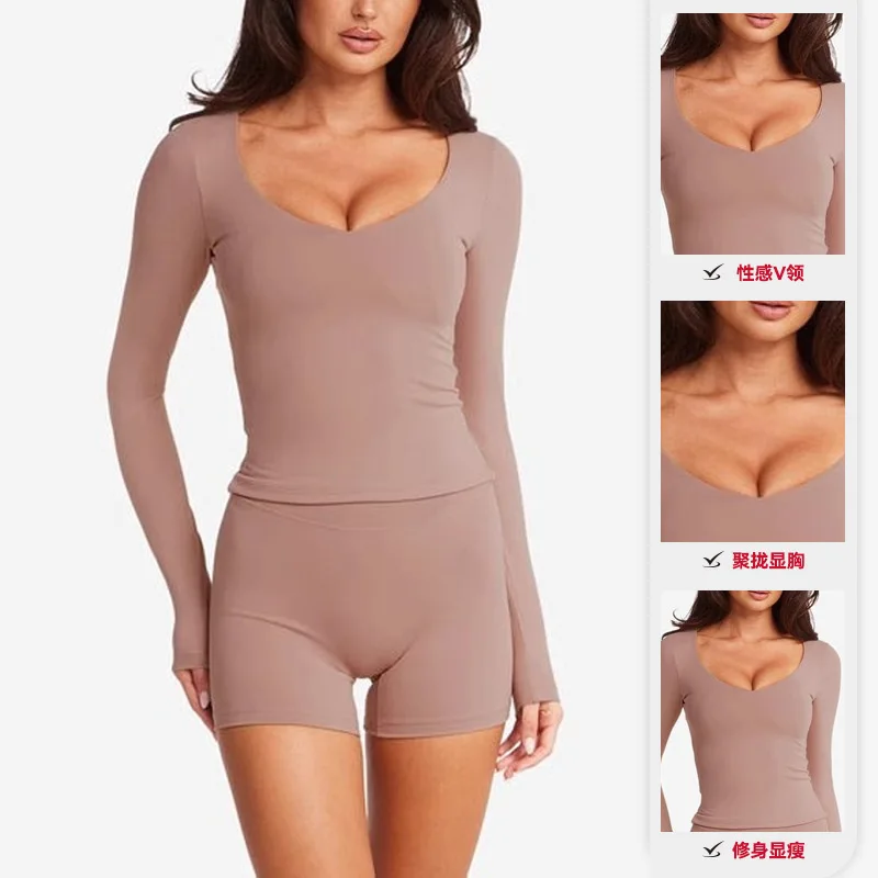 2025 Women's Sexy Long Sleeve Yoga Top V Neck Push Up Chest Enhancing Slim Fit Slimming Athletic Workout Outerwear