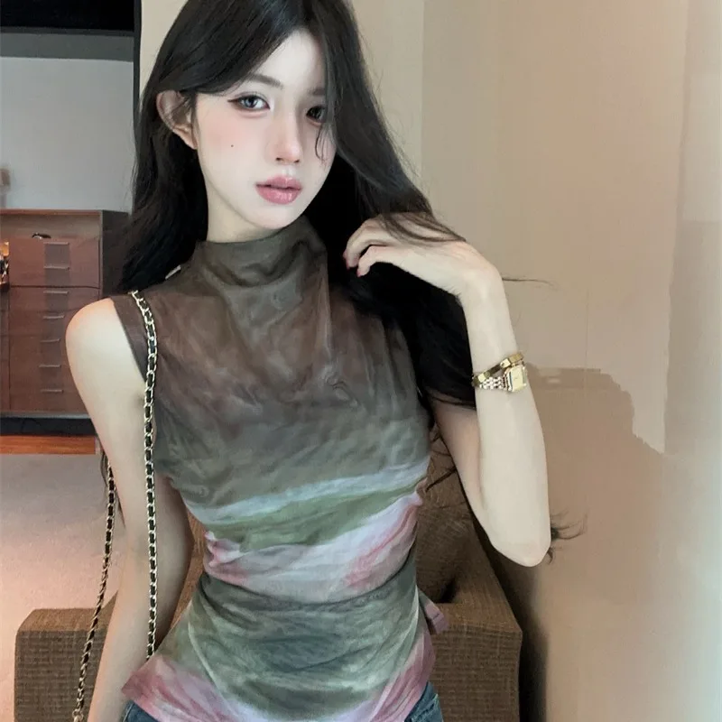 

Retro Gradient Sleeveless Mesh Vest Slimming Design Top Summer New Women's Fashion Transparent Lace Shirt Casual Daily Wear