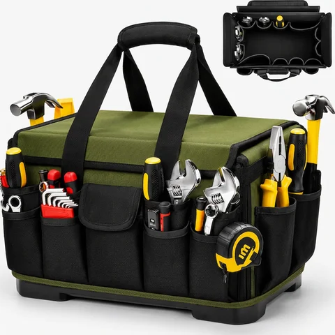 Dad Gift Heavy Duty 46 Pocket 1680D Tear Proof Tool Backpack 16 Inch Large Capacity Electrician Mechanic Tool Bag Hard Bottom Green Toolbox Organizer for HVAC Contractor Carpenter Handyman