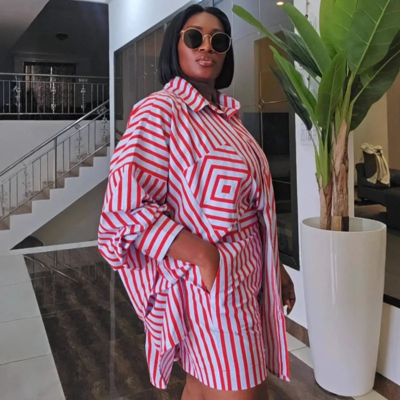 Plus Size African Striped Two Piece Outfits Summer Women Oversized Button Up Shirt & Elastic Waist Shorts Loose Loungewear Set