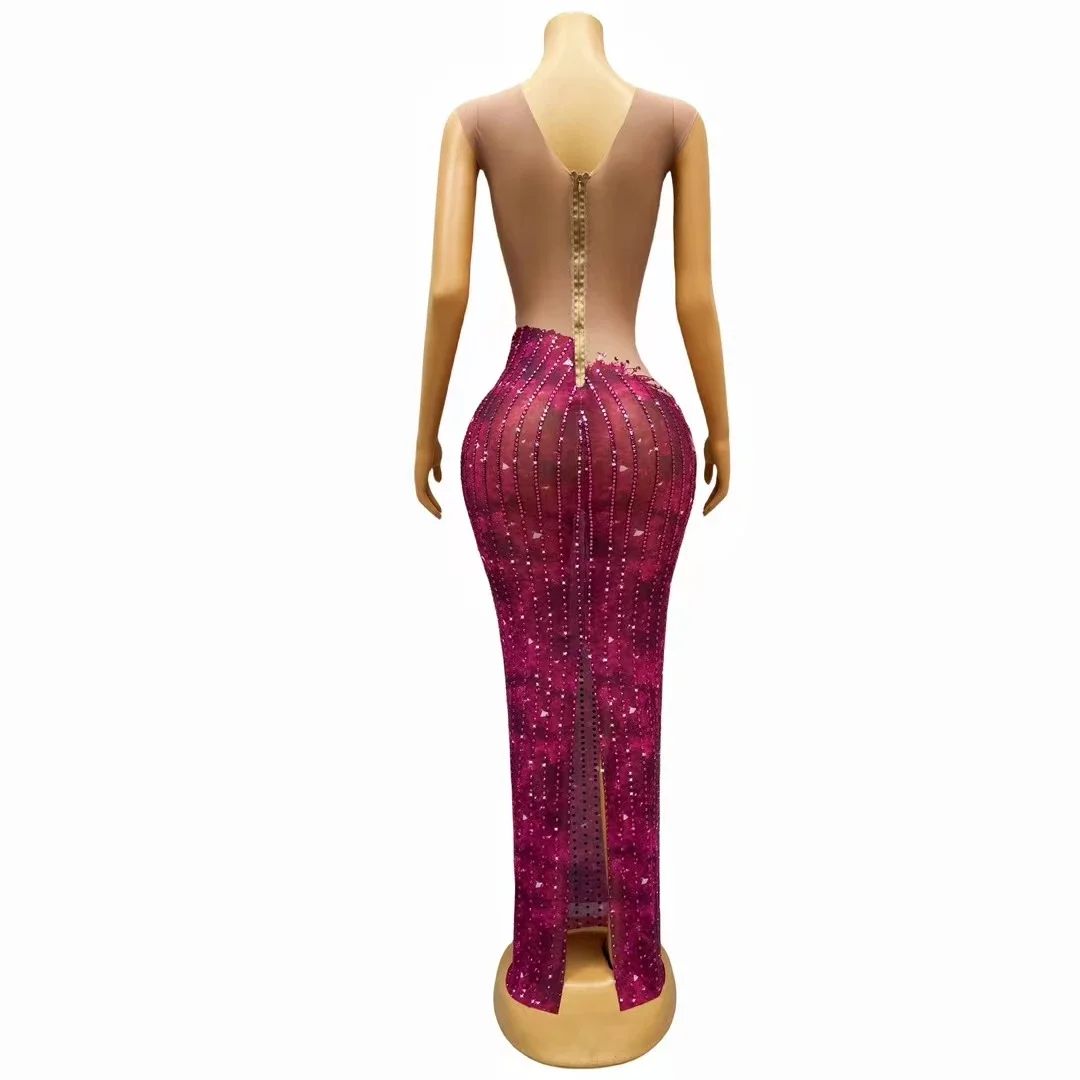 Rosa Kristall Strass ärmellose Frauen langes Kleid Bühne Performance Kostüme Mode sexy Dame Slim Fit Kleid Party Ballkleider