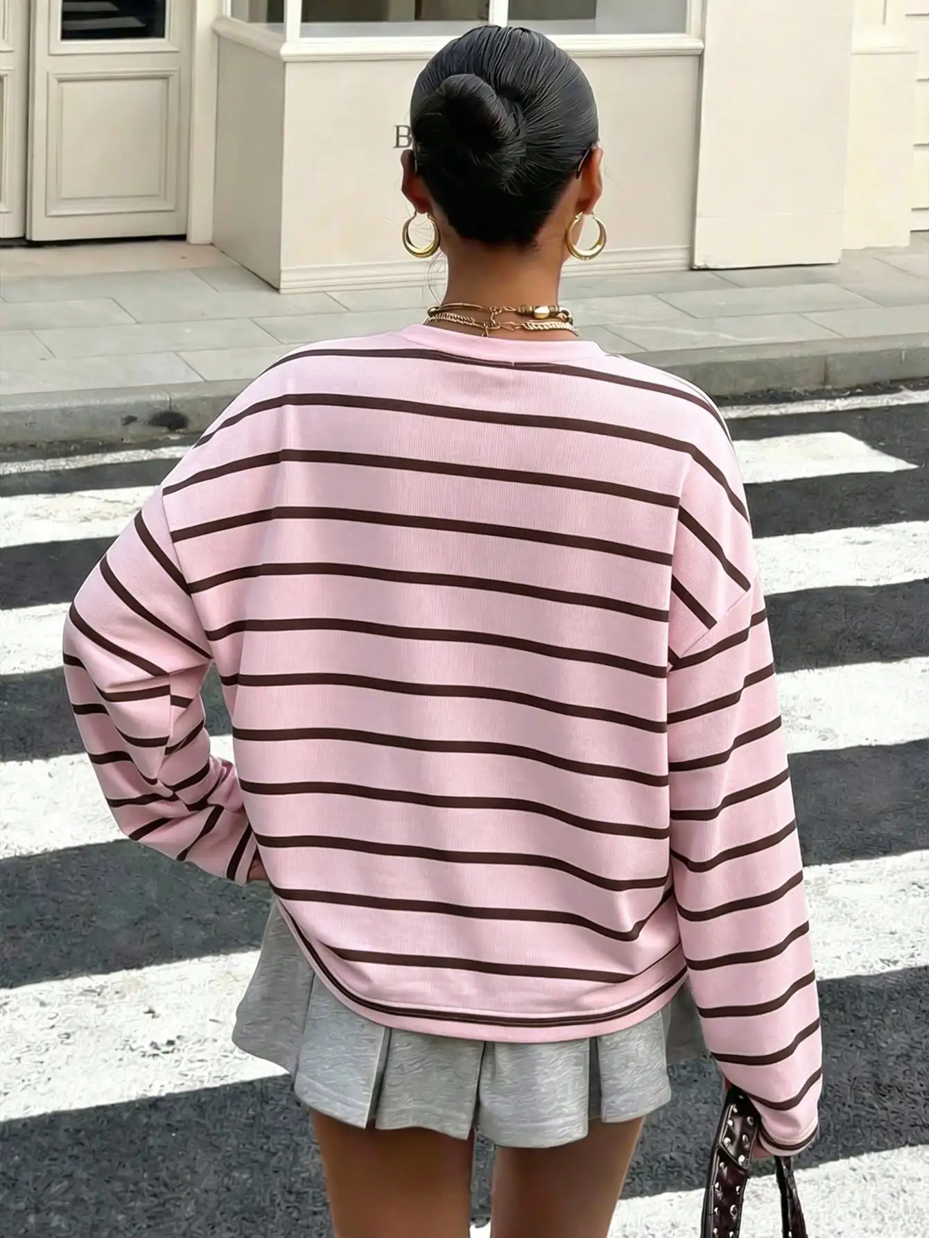 2026 Damen Langarm-T-Shirt in Rosa und Braun mit Horizontalen Streifen, Rundhals Oversize Locker Lässig Süß Retro Herbst Basic Top – Detail 5