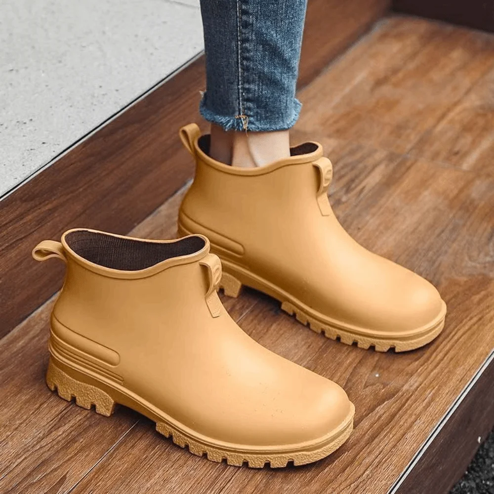 

Короткие непромокаемые сапоги, нескользящие однотонные утолщенные водные сапоги, коричневые водонепроницаемые резиновые бахилы на платформе для мужчин и женщин