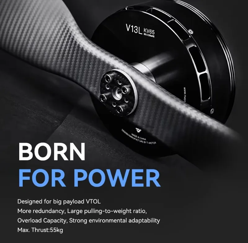 T-MOTOR V13L KV65 factory supply brushless DC 6000W 6KW IPX5 24S 50kg 100kg 200kg vertical take-off and landing UAV motor