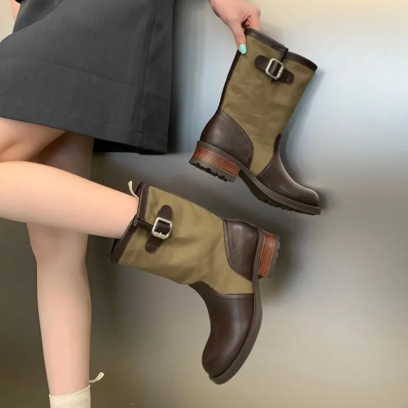 New Eilyken High Quality Splicing Round Toe Women Ankle Boots Fashion Belt Buckle Low Heels Shoes Autumn Winter Chelsea Booties