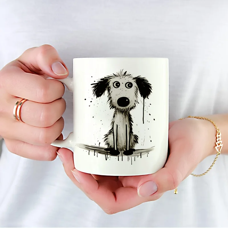 1 11 Oz Black Ceramic Coffee Mug with Adorable Dog Design - Warm, Hand Wash Only, Perfect Gift for Friends, Sisters, Coffee Love