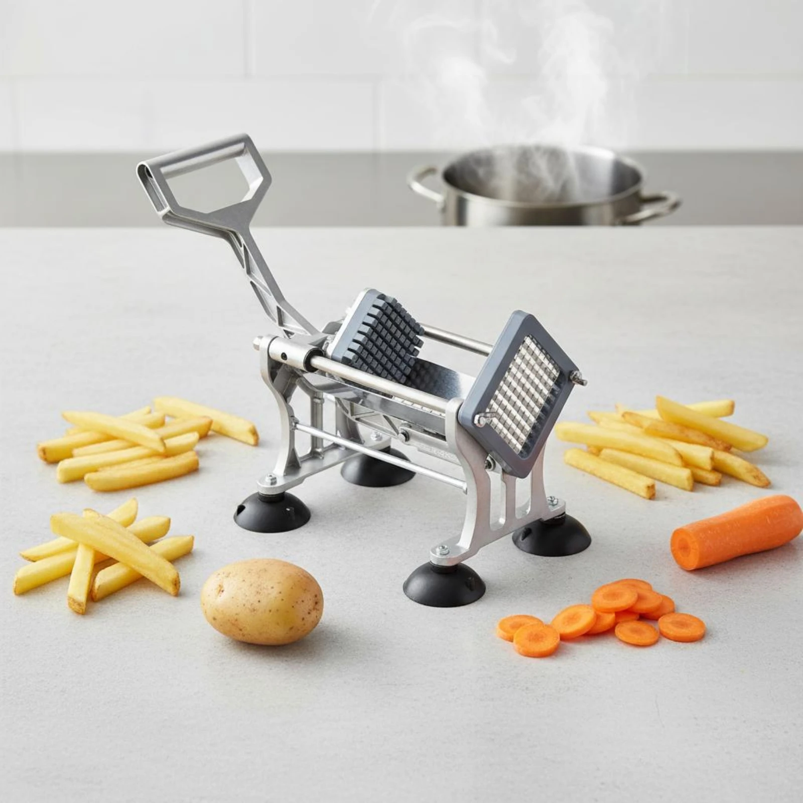 French Fry Cutter Replaceable Blades Potato Strip Cutter Potato Cutter Suction Base Kitchen Tool Heavy-Duty Metal Body