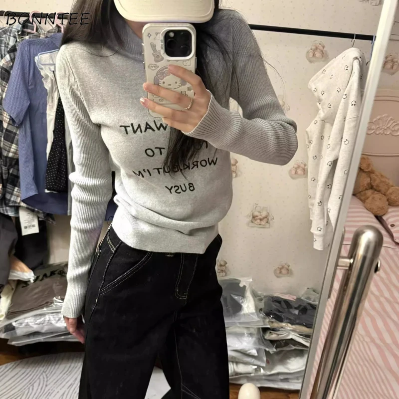 

Pullovers Women Letter Daily Knitted Korean Fashion All-match Slim Fit Sweet Spicy Girls Autumn Inner Harajuku Trendy Classic