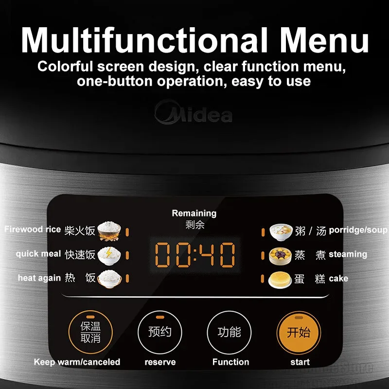 Midea 3L Fornello di Riso Schermo a Colori Pulsante Fornello Elettrico Menu Multifunzionale Pentola di Cottura Elettrica Domestica per la Cucina