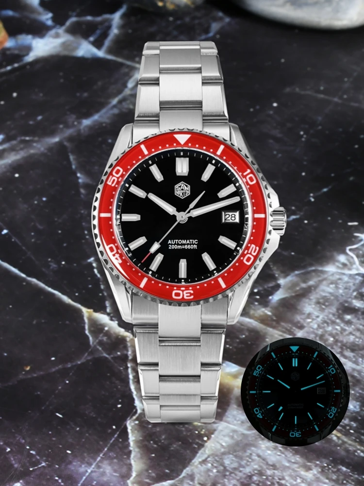 San Martin Sapphire Bezel Enamel DialNH35 Men Watch Sports 3H Date 20Bar Waterproof BGW-X1 / Orange Luminous Wristwatch SN0129D