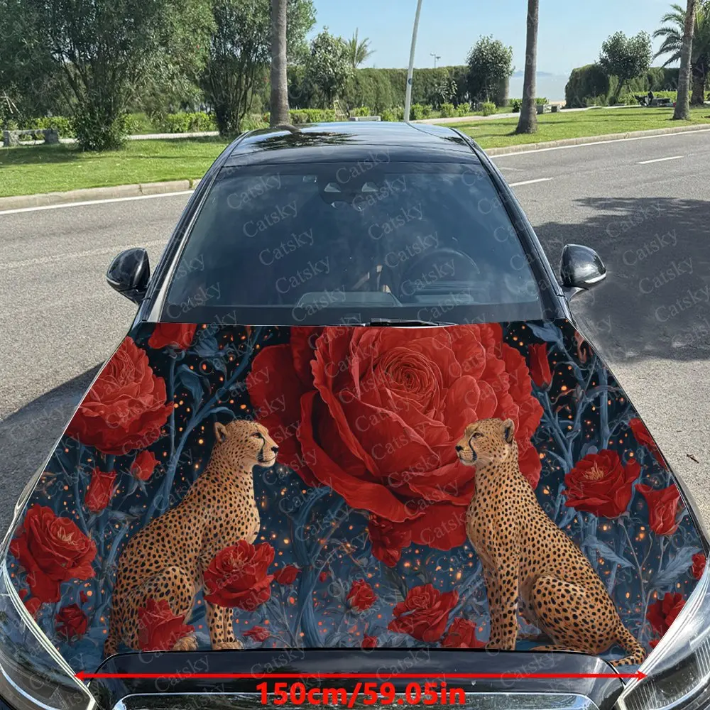 Eye-Catching Romantic Cheetah & Rose Car Cover Sticker, Auto Hood Decal, Car Exterior Scratch Resistant Decal, Trendy Gift for C