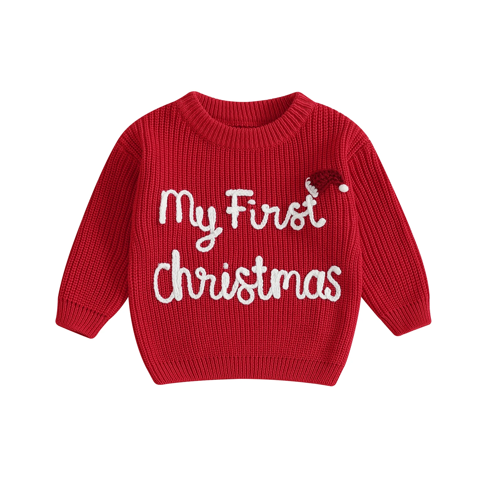 

Baby Girls Knit Sweater Christmas Hat and Letter Embroidery Crew Neck Pullover Long Sleeve Tops