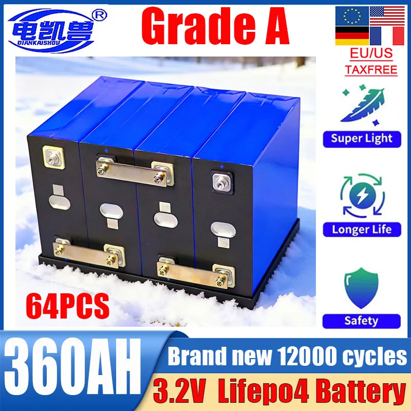 64 Piezas de Baterías de Fosfato de Hierro y Litio Lifepo4 de Alta Capacidad, 3.2V 360AH, 12V 24V 48V, Grado A, Recargables, para Energía Solar, Libres de Impuestos en la UE