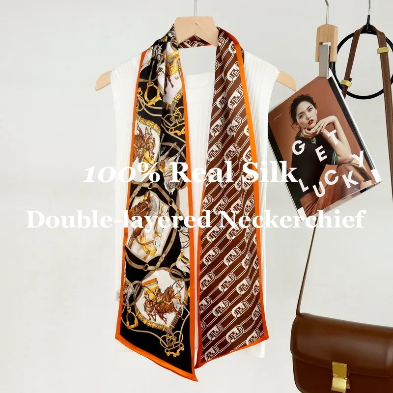 

Luxury Silk Scarf Double Layer Narrow Hairband 100% Mulberry Silk Neckerchief Neck Hair Ribbon Tie Hand Bags Mother's Day Gift