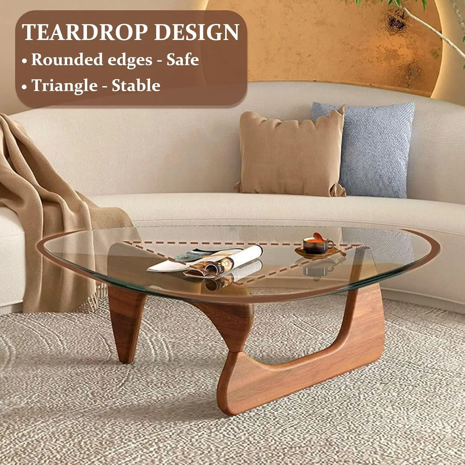 Coffee Tables for Living Room - Triangle Glass Coffee Table with Wooden Base Mid-Century Modern Abstract End Table