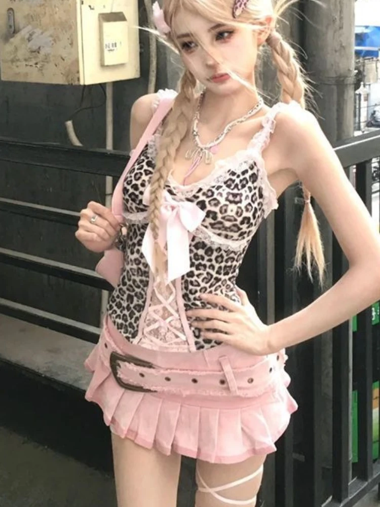 

Korean Vintage Leopard Print Camisole Top for Women+summer Pink Slim Waist Bodycon Ruched A-line Skirts Two Piece Sets