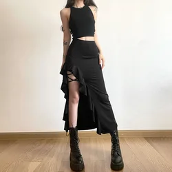 Women Spring Autumn Lace-up Slit Skirt Female Sexy Slim Wrap Hips Asymmetrical Skirts New Style Fashion Ankle-Length Midskirts