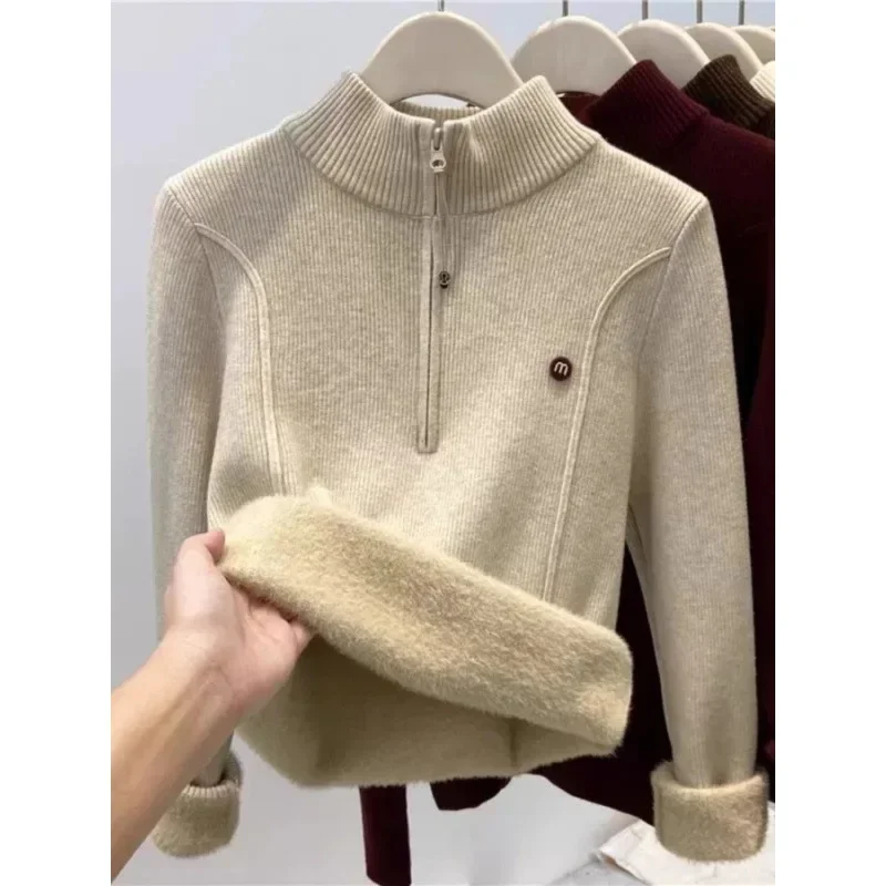 

Thickened Velvet Winter Sweater Zipper New Style Integrated Fleece Half Open Collar Women Knitted Wear Inner Half High Collar To