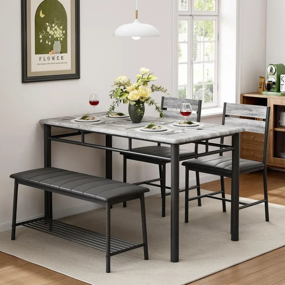 

Dining Table Set for 4, Kitchen Table with Upholstered Bench and 2 Chairs, Table and Chairs Set for Small Space, Apartm