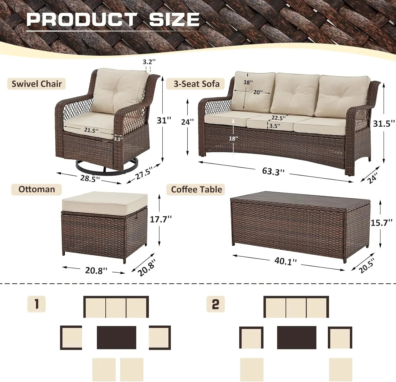 Outdoor Patio Furniture Set Wicker Sectional Couch Conversations Sets Rattan Sofa w/ 360° Swivel Rocking Chairs for Lawn Garden