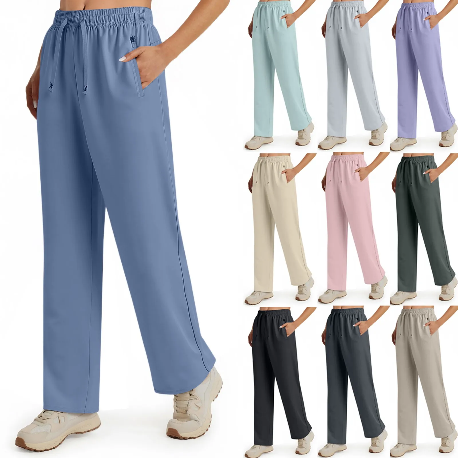 Pantalon femme couleur unie stretch actif été pantalon à séchage rapide respirant ample cool pantalons de survêtement avec poches zippées