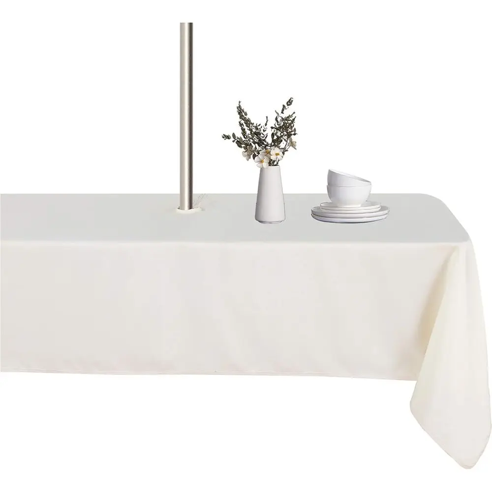 Outdoor Tablecloth with Umbrella Hole and Zipper, 60x102 Inch Beige, Washable Waterproof Spill Proof Wrinkle Free Table Cover fo