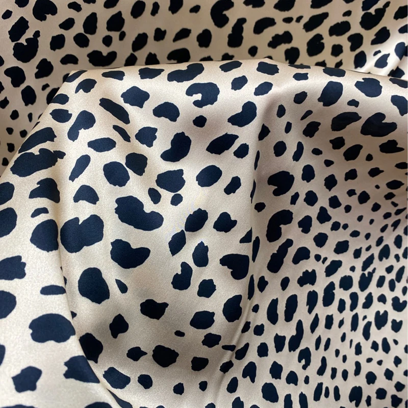 Black Leopard Printed Silk Satin Fabric - Smooth Blue Silk Fabric with 140CM Width 19MM-Good for Cheongsam Dress Pants R191