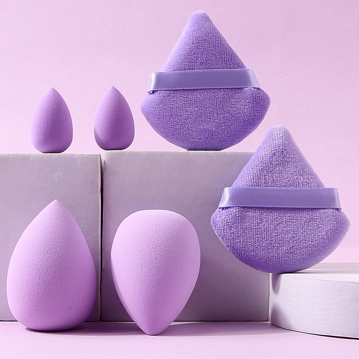6-delige paarse make-upsponsset, hoge veerkracht spons ei en dubbelzijdig zacht waaiervormig poederdons make-uptools