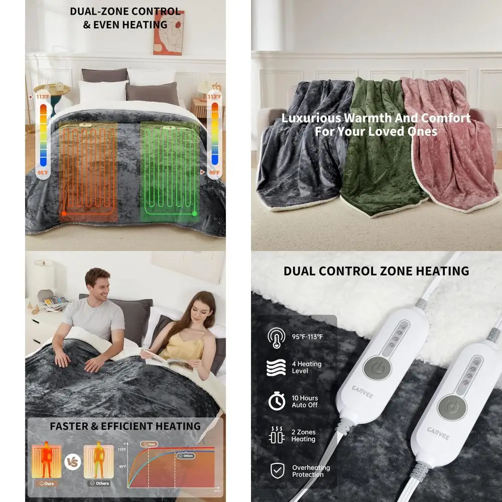 

Queen Size Electric Blanket with Dual Controls, 4 Heat Levels, Auto-Off, Machine Washable, Grey Velvet Soft, ETL Certified