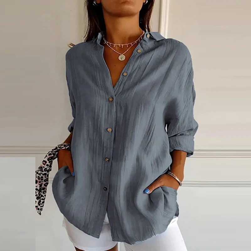 Spring Autumn Solid Casual Shirt Women Turn Down Collar Long Sleeve Button Up Blouses For Women Loose Tops