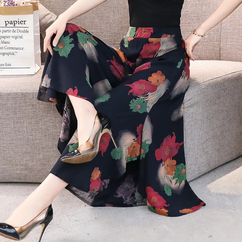 Hot New 2023 Summer Pants Women Casual Loose Elastic Waist Vintage Pant Trousers Women Wide Leg Pants Print Calf-length Pants