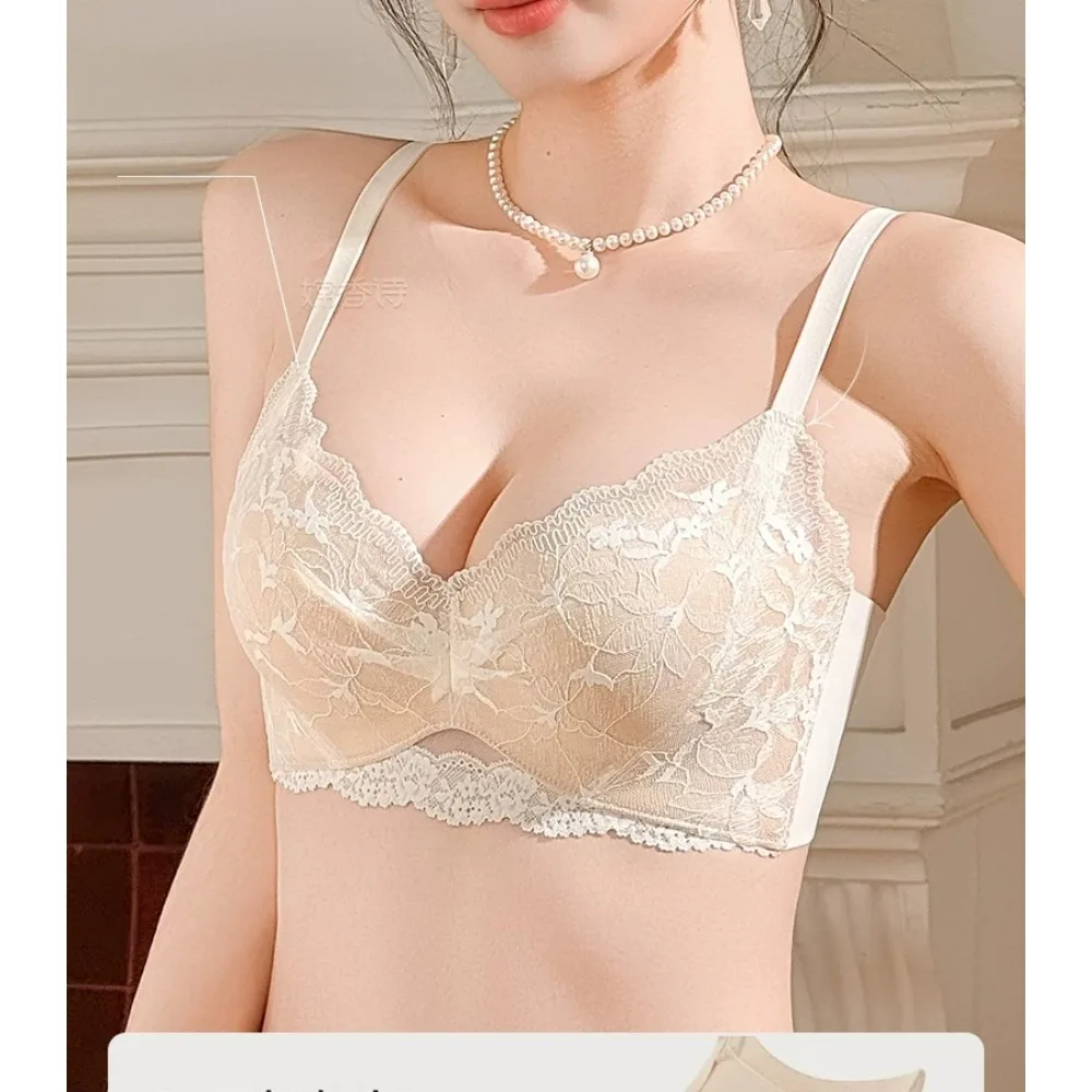 BANERDANNI Women Sweet Lace Push‑Up Bra Small Breast Gather Side Fat Collection Anti Sagging Thin Summer Lingerie Size 32‑38