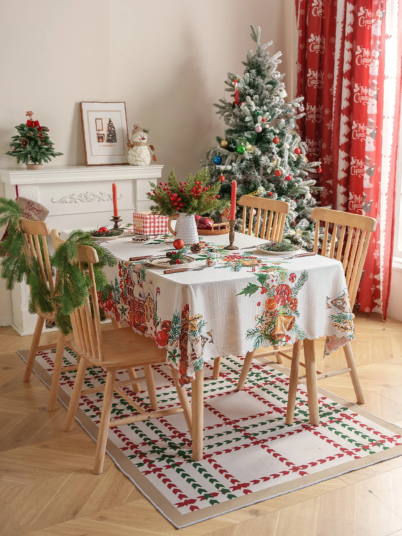 

American Style Christmas Theme Tablecloth Holiday Decor Press Flower Tablecloth Finished Product Dining Table Cover