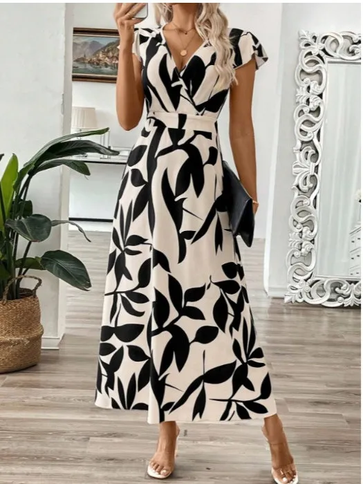 Ele V-Ne Stampa floreale ort Sve Long Dr Donna Dr Summer New Sle Faionable Abito a trapezio con orlo arricciato