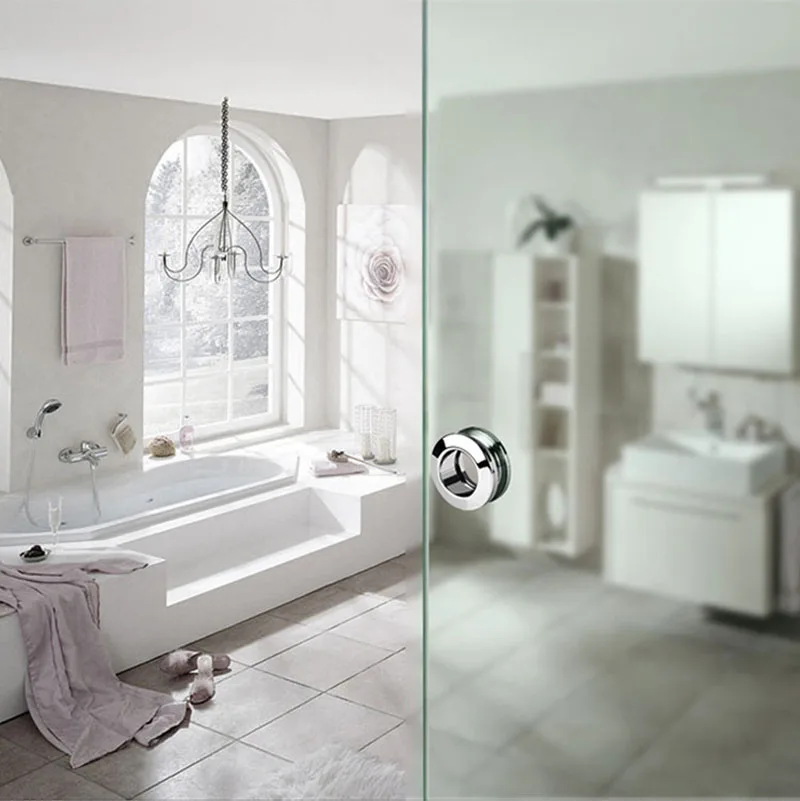 Exquisite Flat Round Zinc Alloy Shower Bath Door Handle Glass Door Silver Knob Double Side